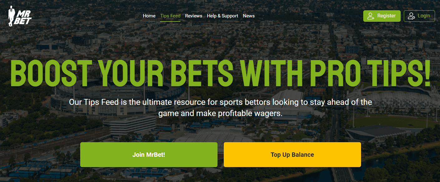 MrBet landing page headline "Boost your bets with pro tips"