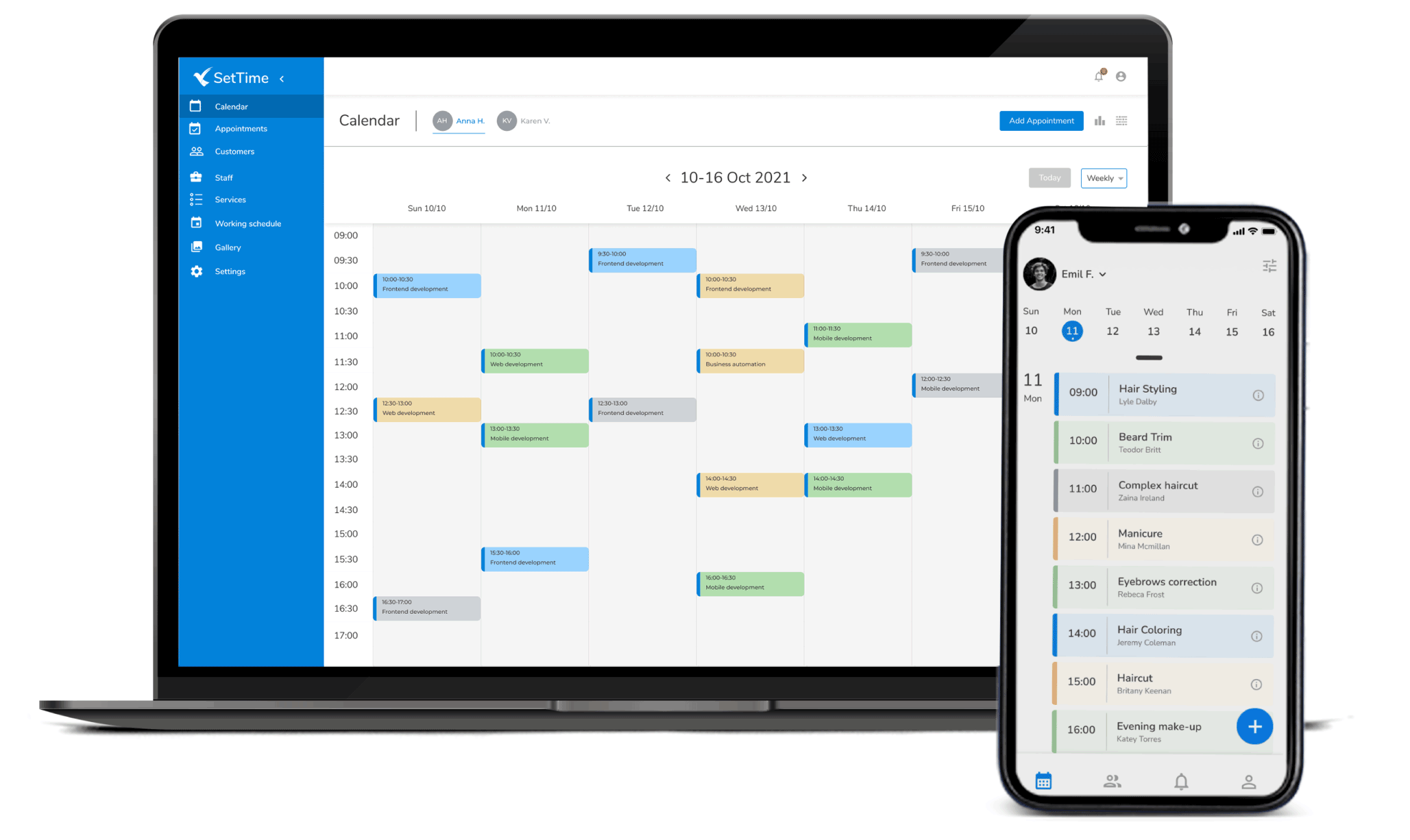 SetTime calendar dashboard on a laptop next to the mobile booking view