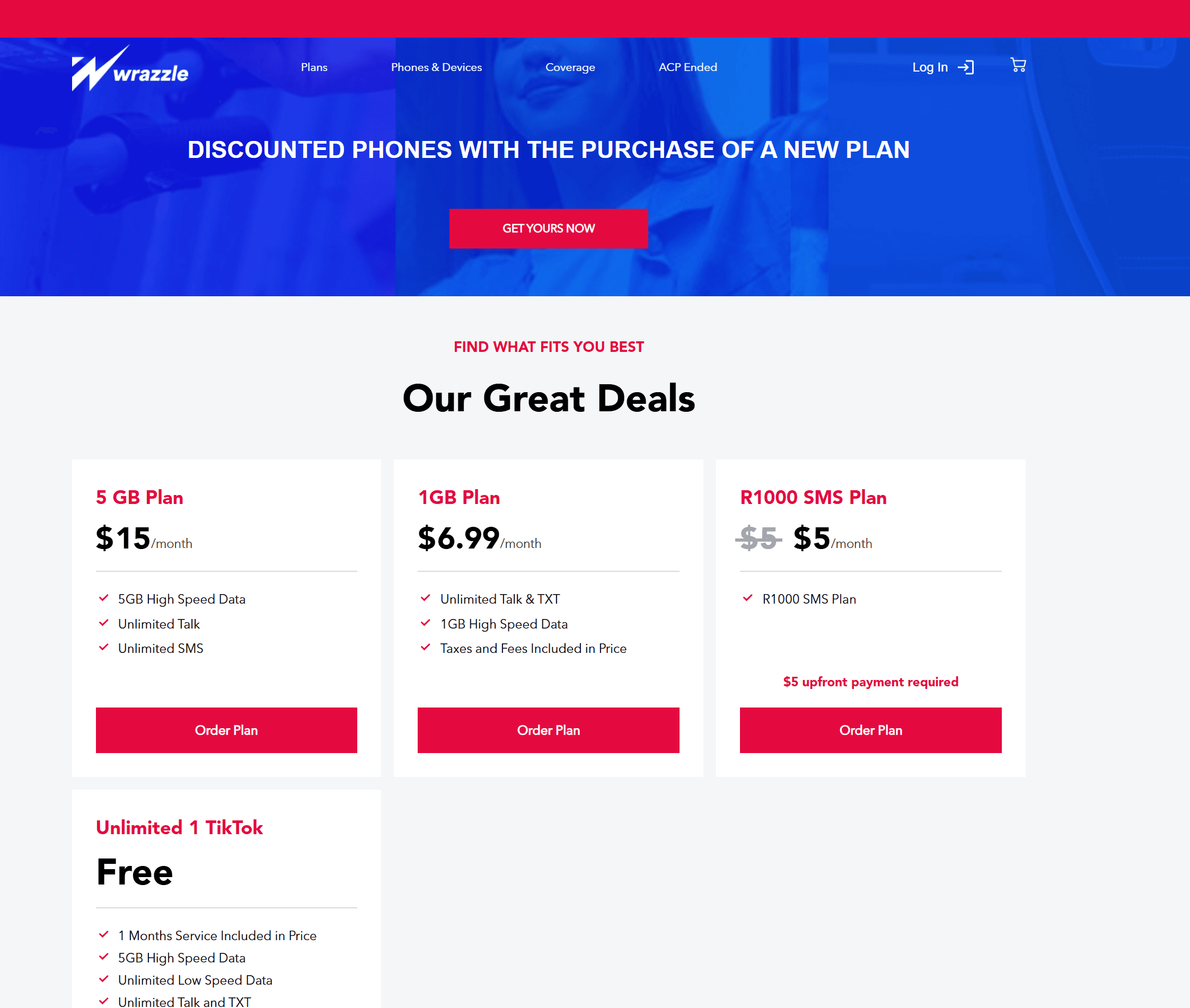 Wrazzle website with discounted phone offers and mobile plan cards